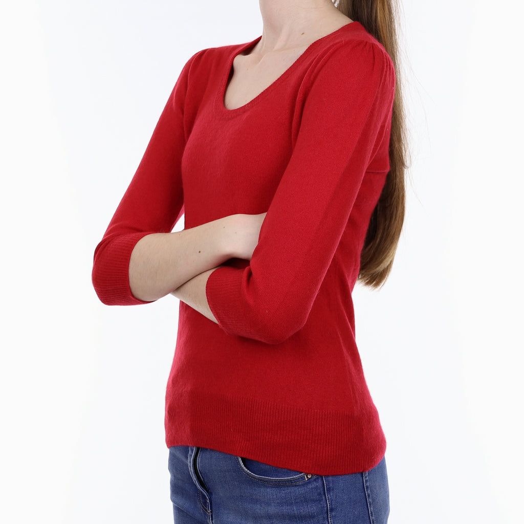 Berry Red 3/4 Sleeve Cashmere Scoop Neck Jumper Extra Small