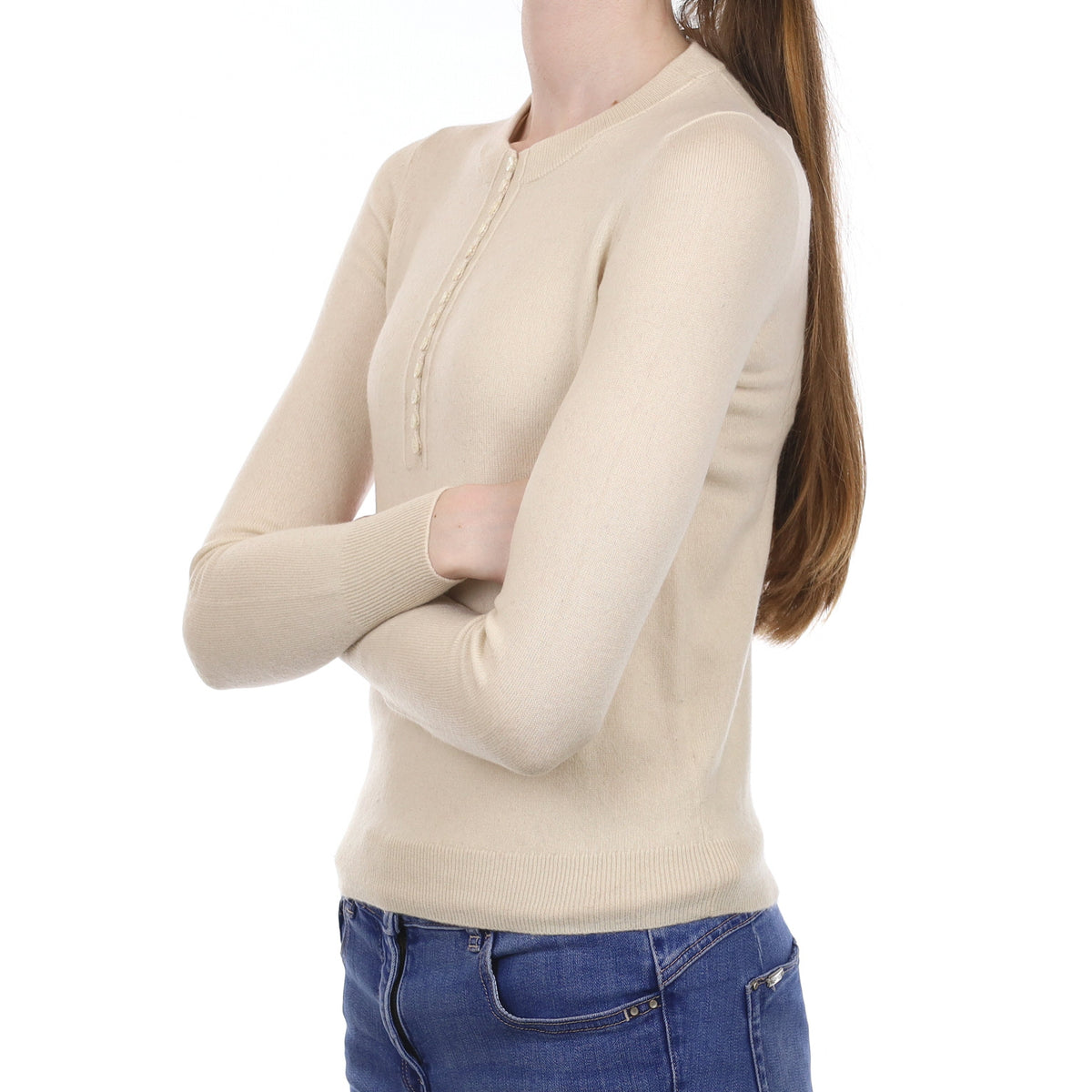 Theory Ivory Cashmere Buttoned Crew Neck Jumper Extra Small