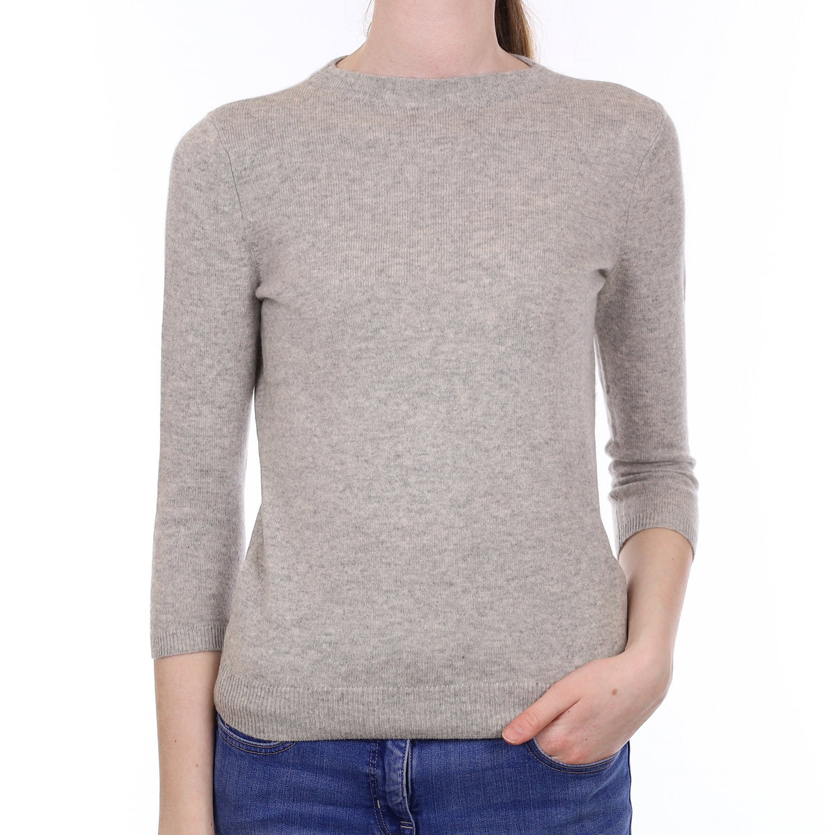 Mist Grey 3/4 Sleeve Cashmere Crew Neck Jumper Extra Small