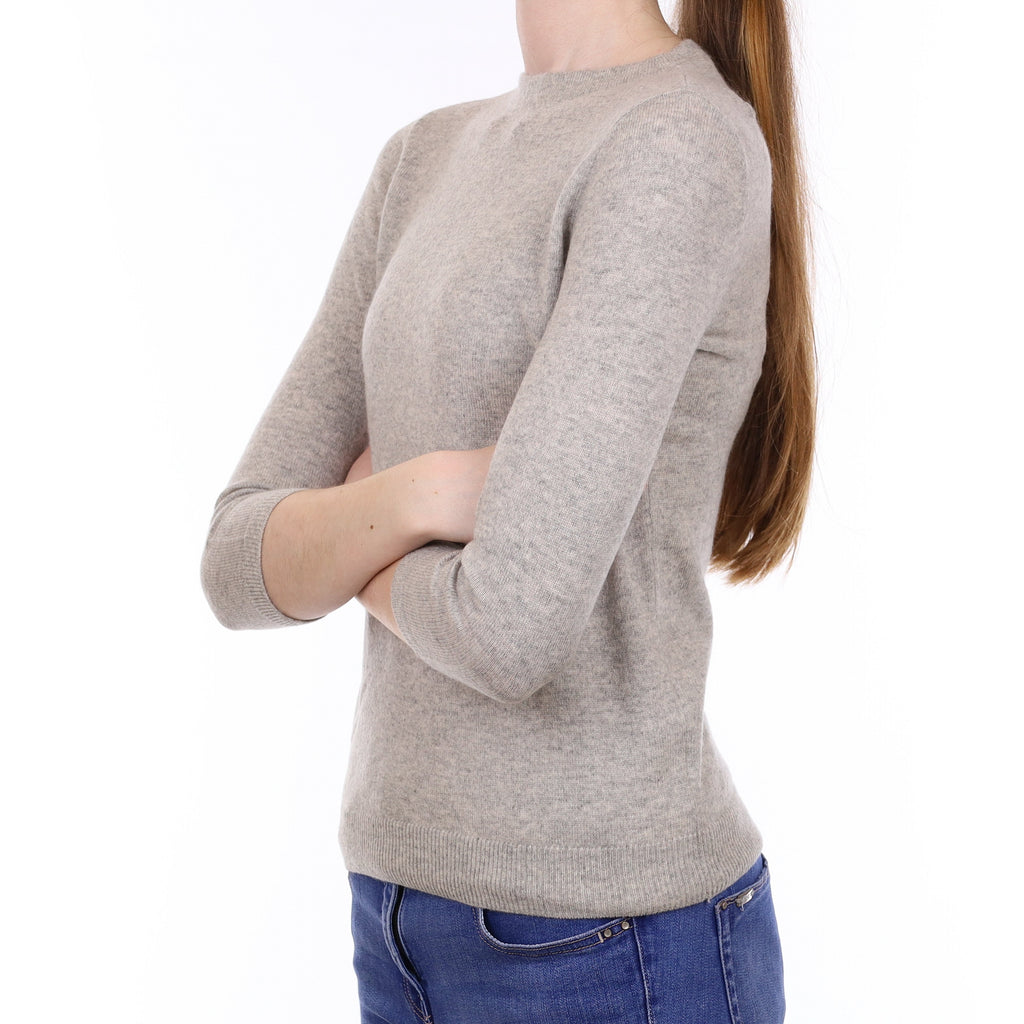 Mist Grey 3/4 Sleeve Cashmere Crew Neck Jumper Extra Small
