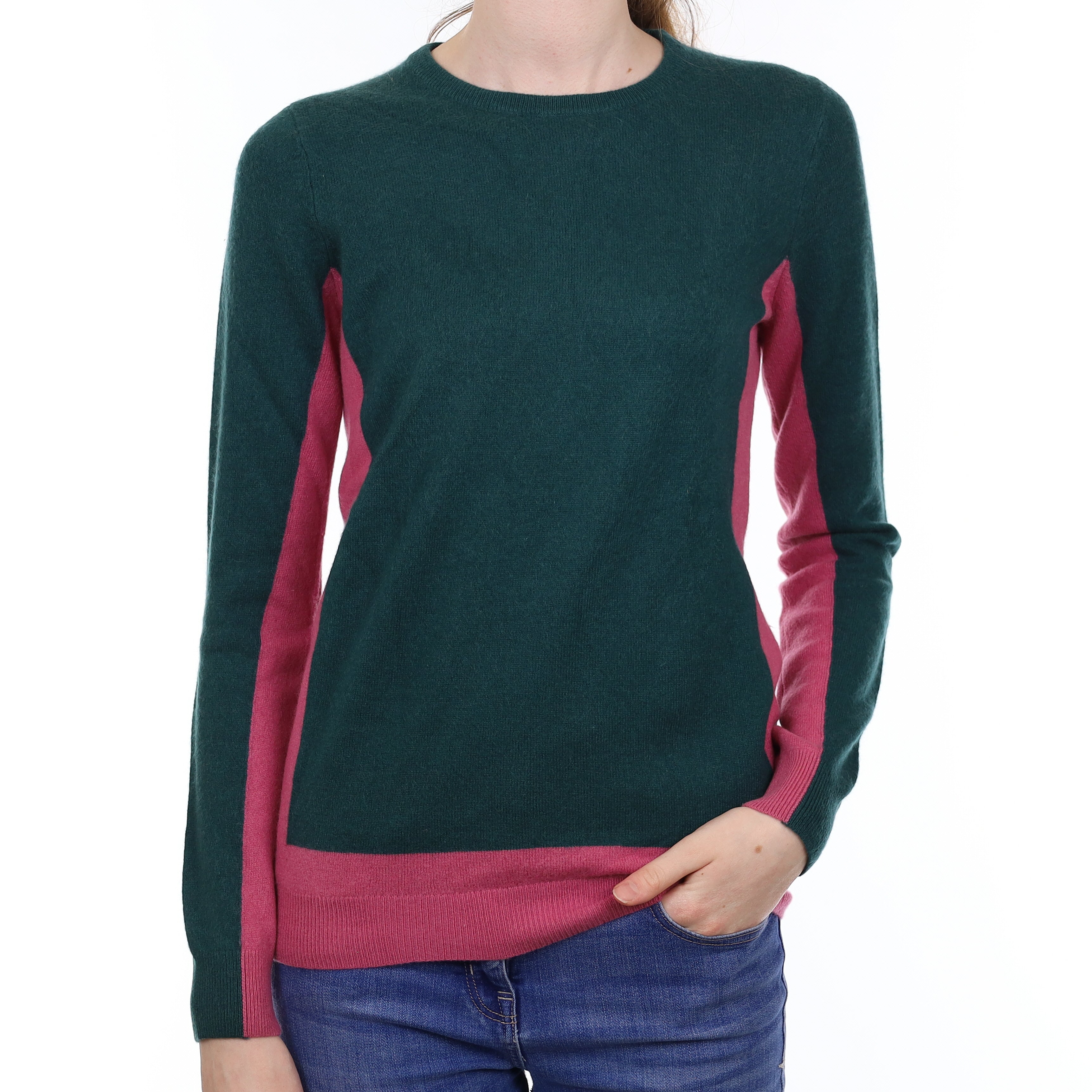 Raspberry Pink and Green Cashmere Crew Neck Jumper Extra Small