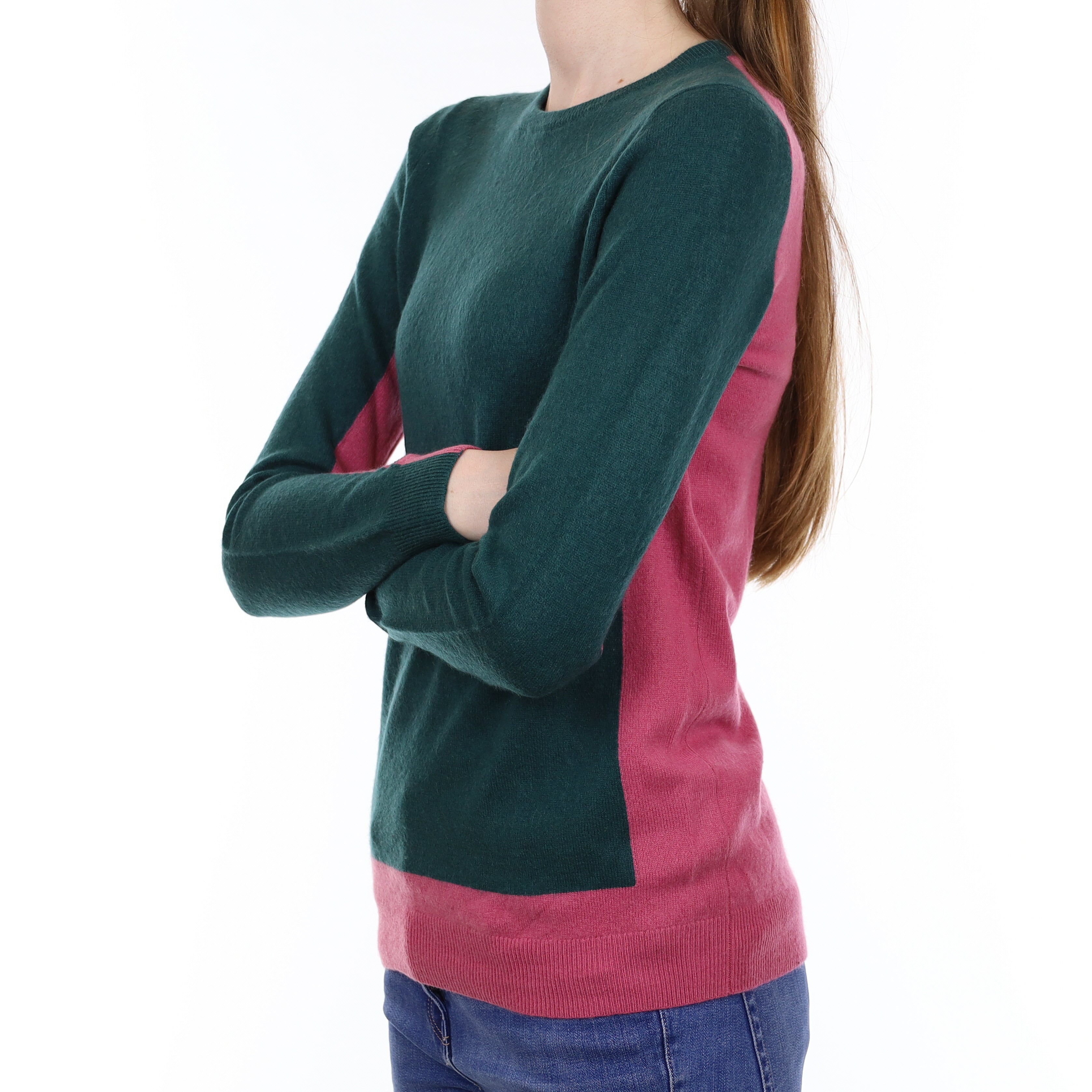 Raspberry Pink and Green Cashmere Crew Neck Jumper Extra Small