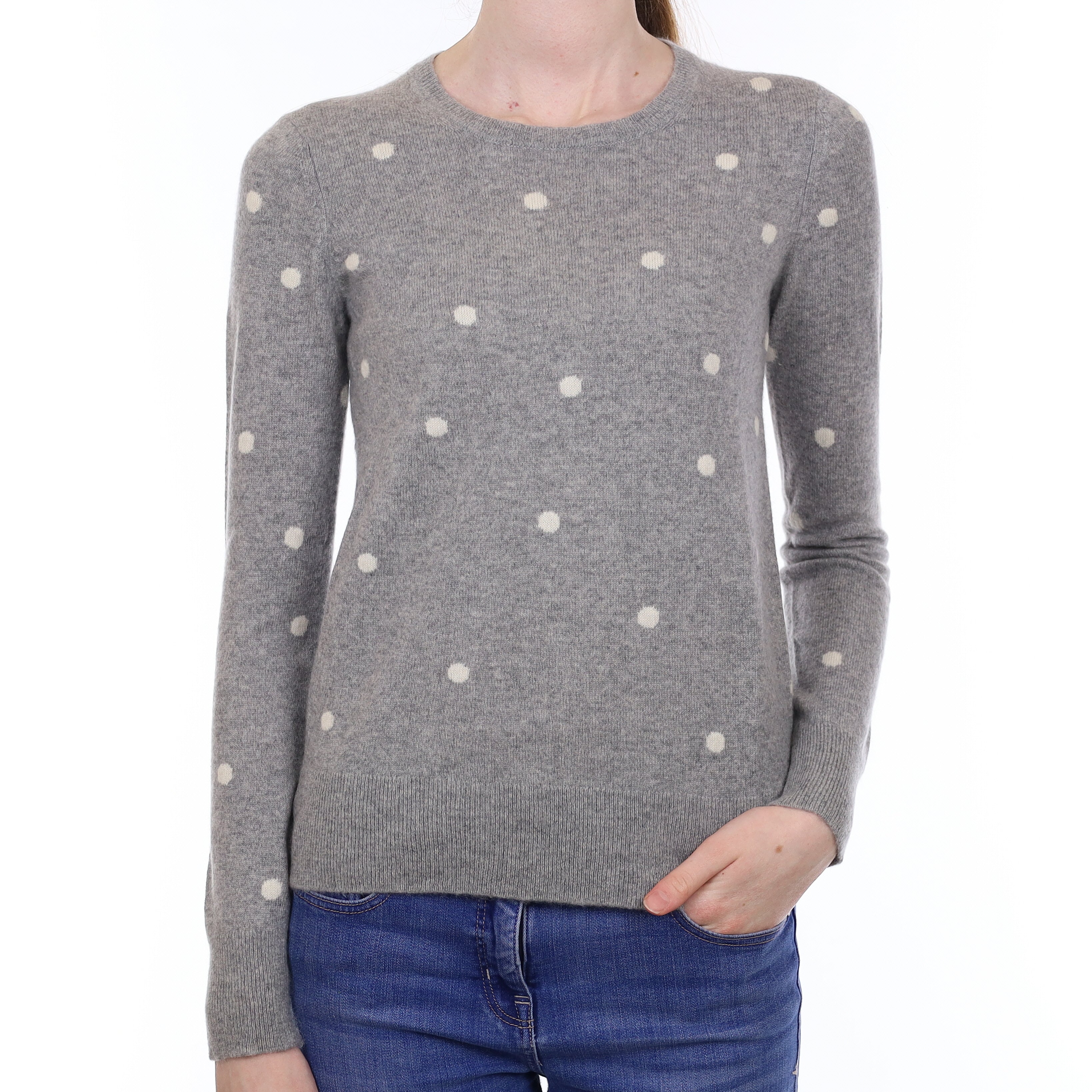 Grey and Ivory Spotted Cashmere Crew Neck Jumper Extra Small