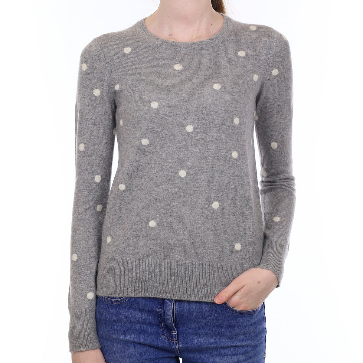 Grey and Ivory Spotted Cashmere Crew Neck Jumper Extra Small