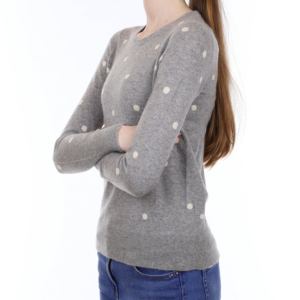 Grey and Ivory Spotted Cashmere Crew Neck Jumper Extra Small