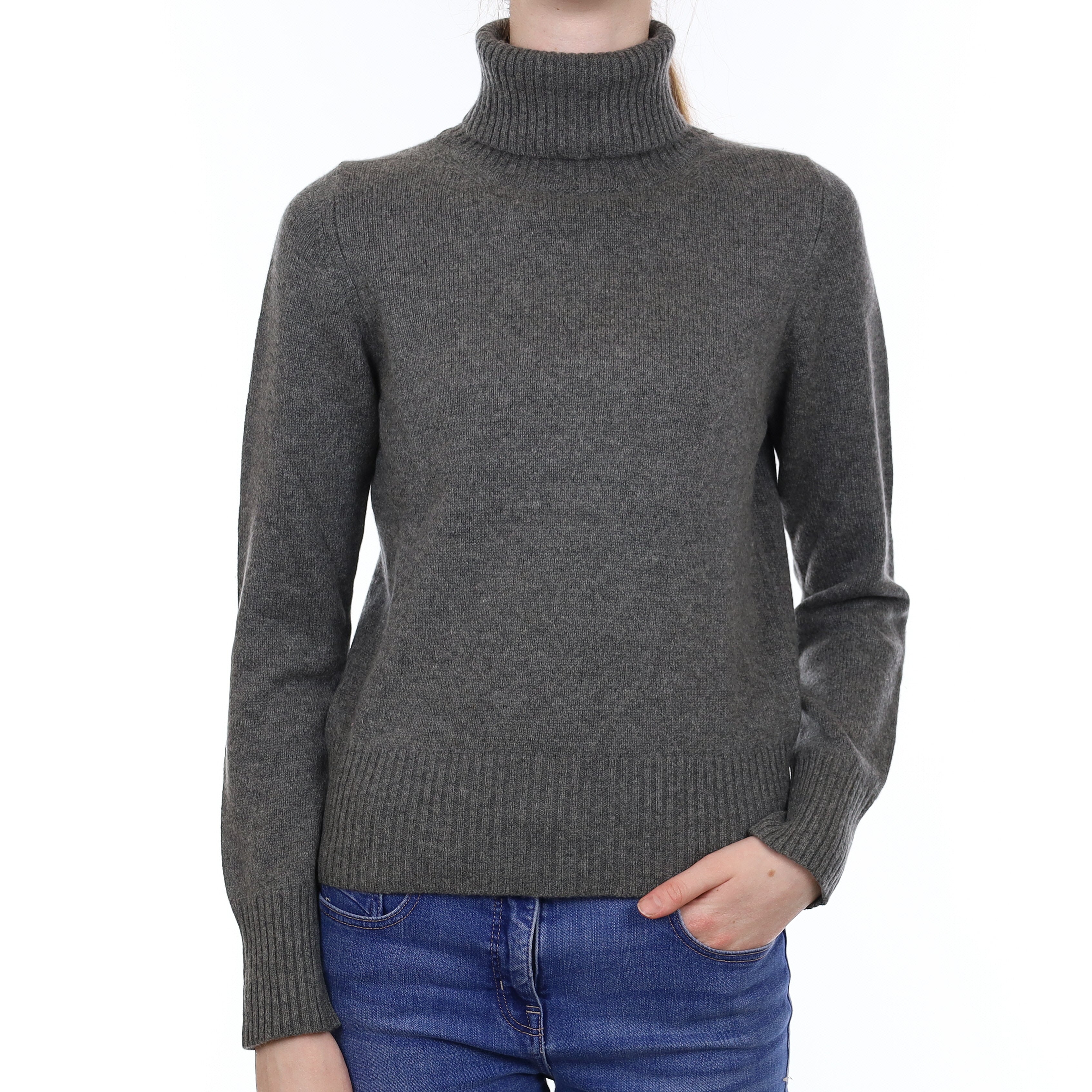 Slate Grey Heavy Knit Cashmere Polo Neck Jumper Extra Small