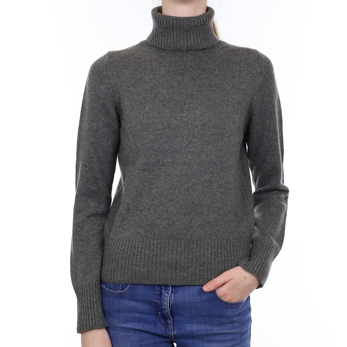 Slate Grey Heavy Knit Cashmere Polo Neck Jumper Extra Small