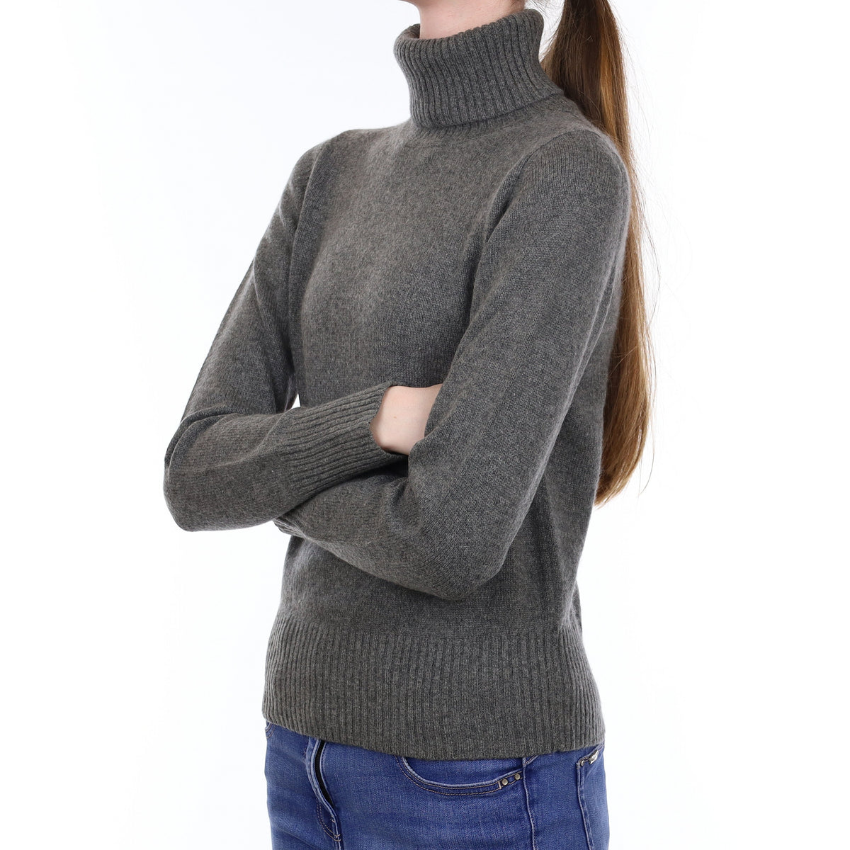 Slate Grey Heavy Knit Cashmere Polo Neck Jumper Extra Small