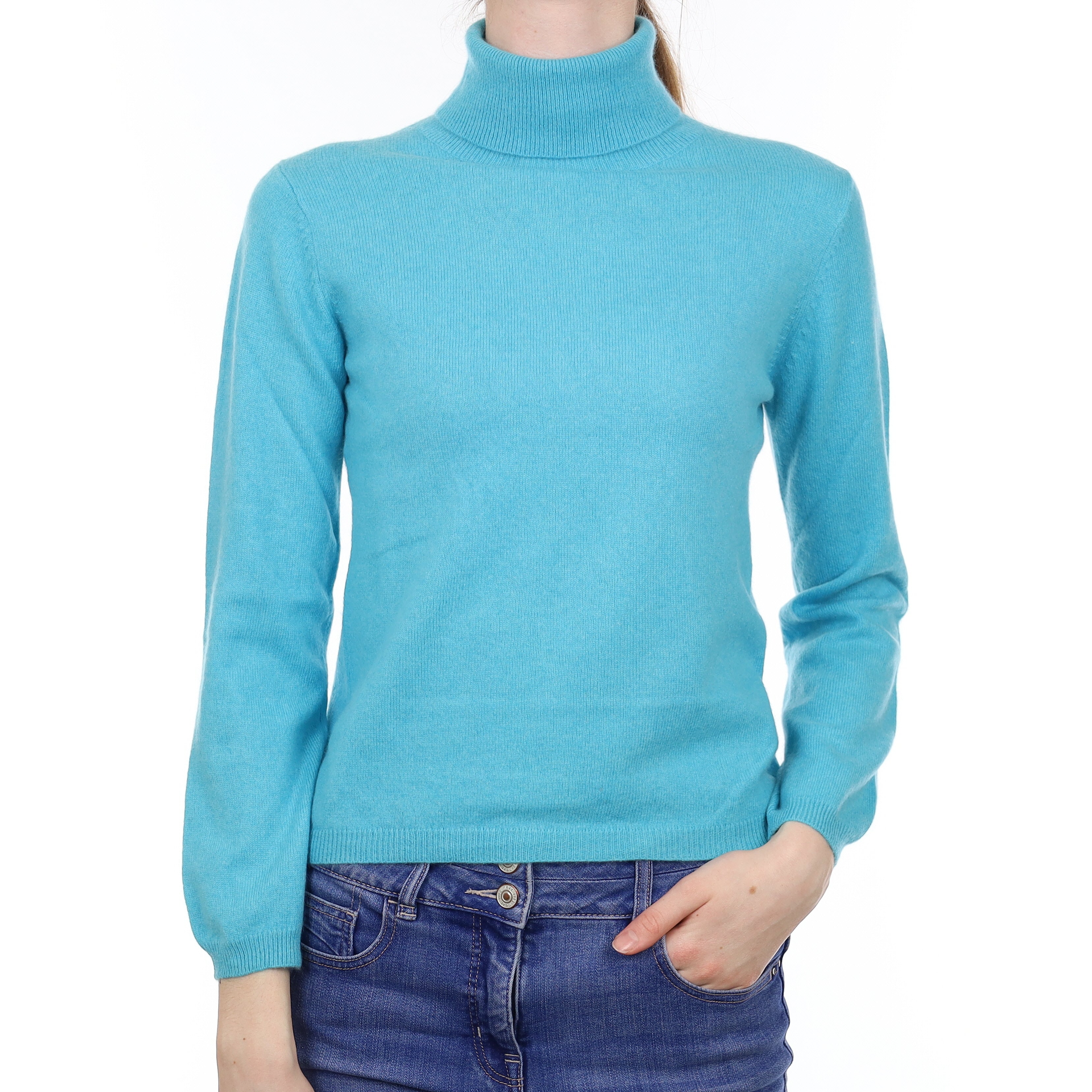 Aqua Blue Cashmere Polo Neck Jumper Extra Small