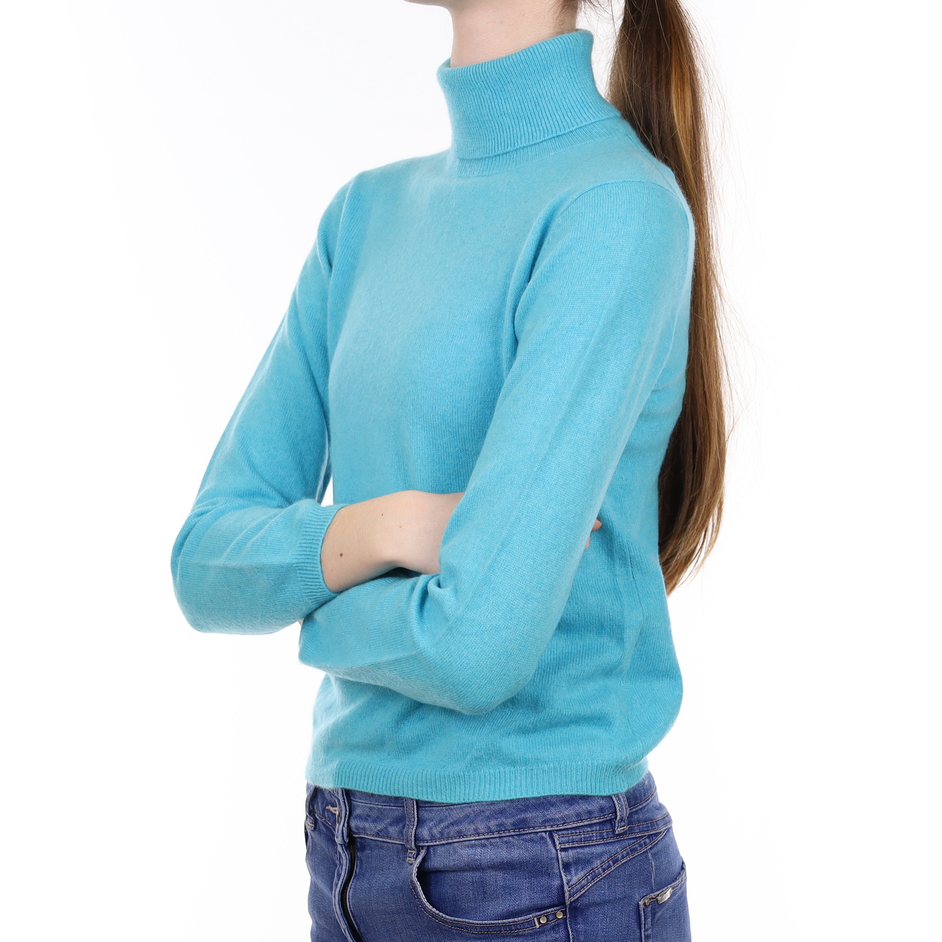 Aqua Blue Cashmere Polo Neck Jumper Extra Small