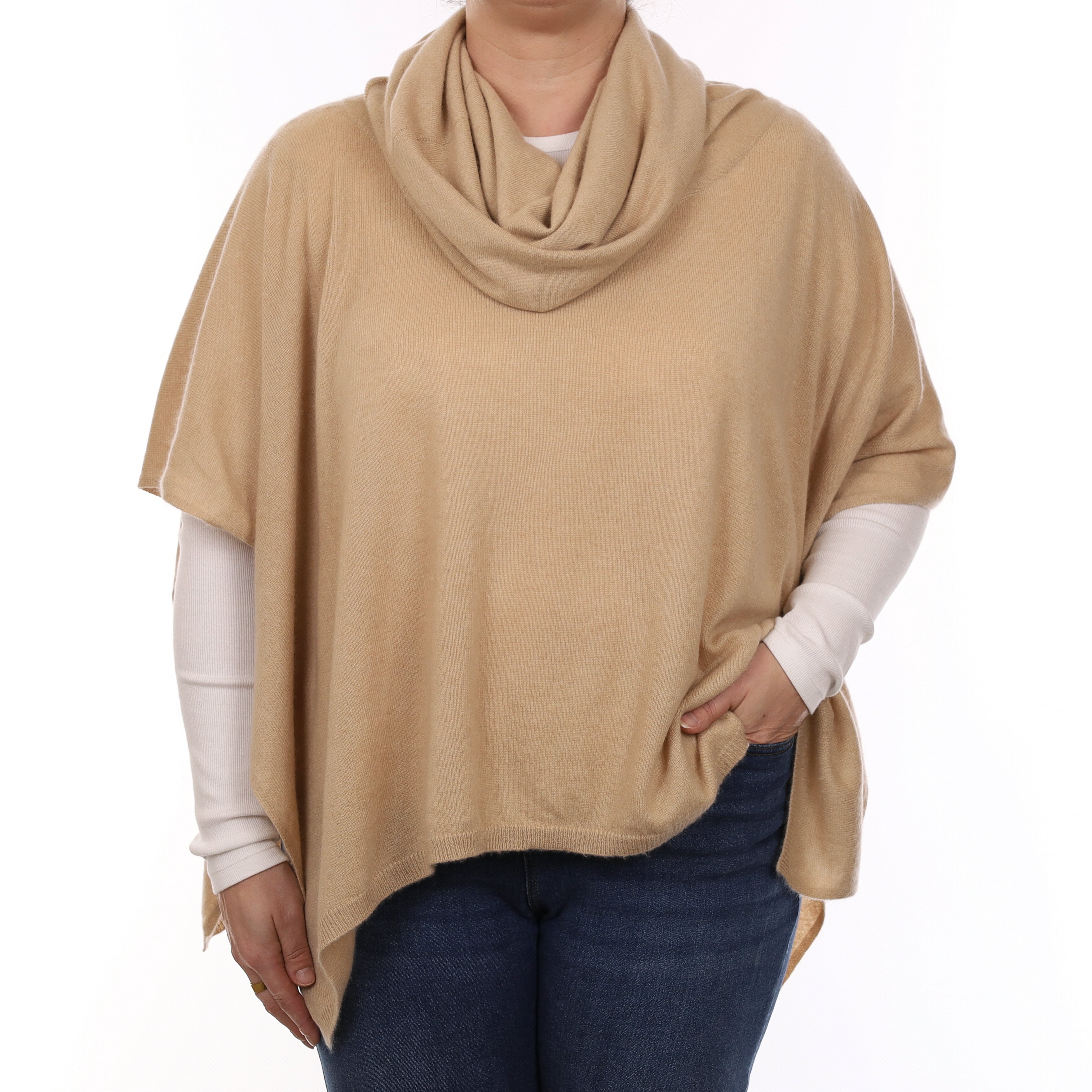 Beige Cashmere Cowl Neck Poncho One Size