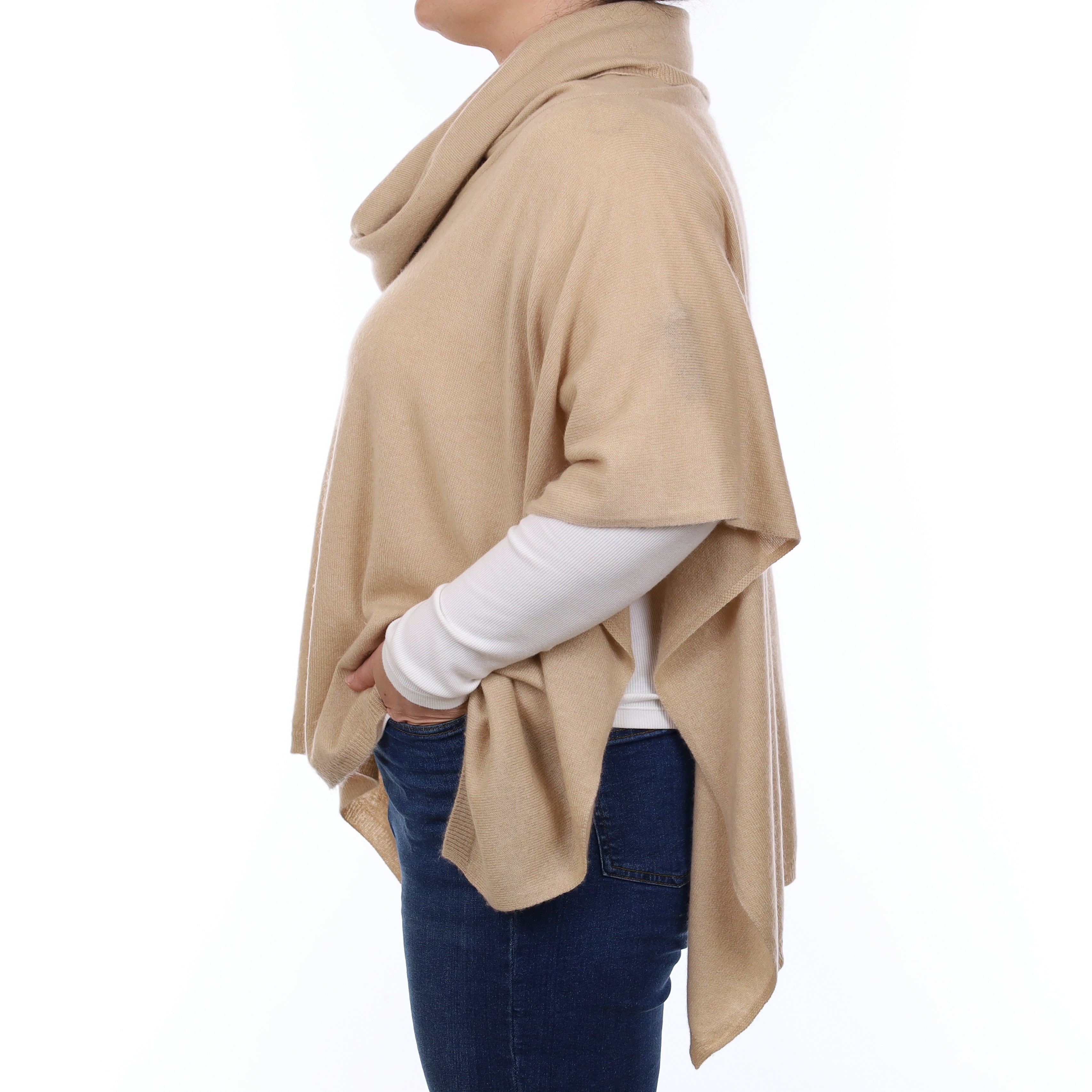 Beige Cashmere Cowl Neck Poncho One Size
