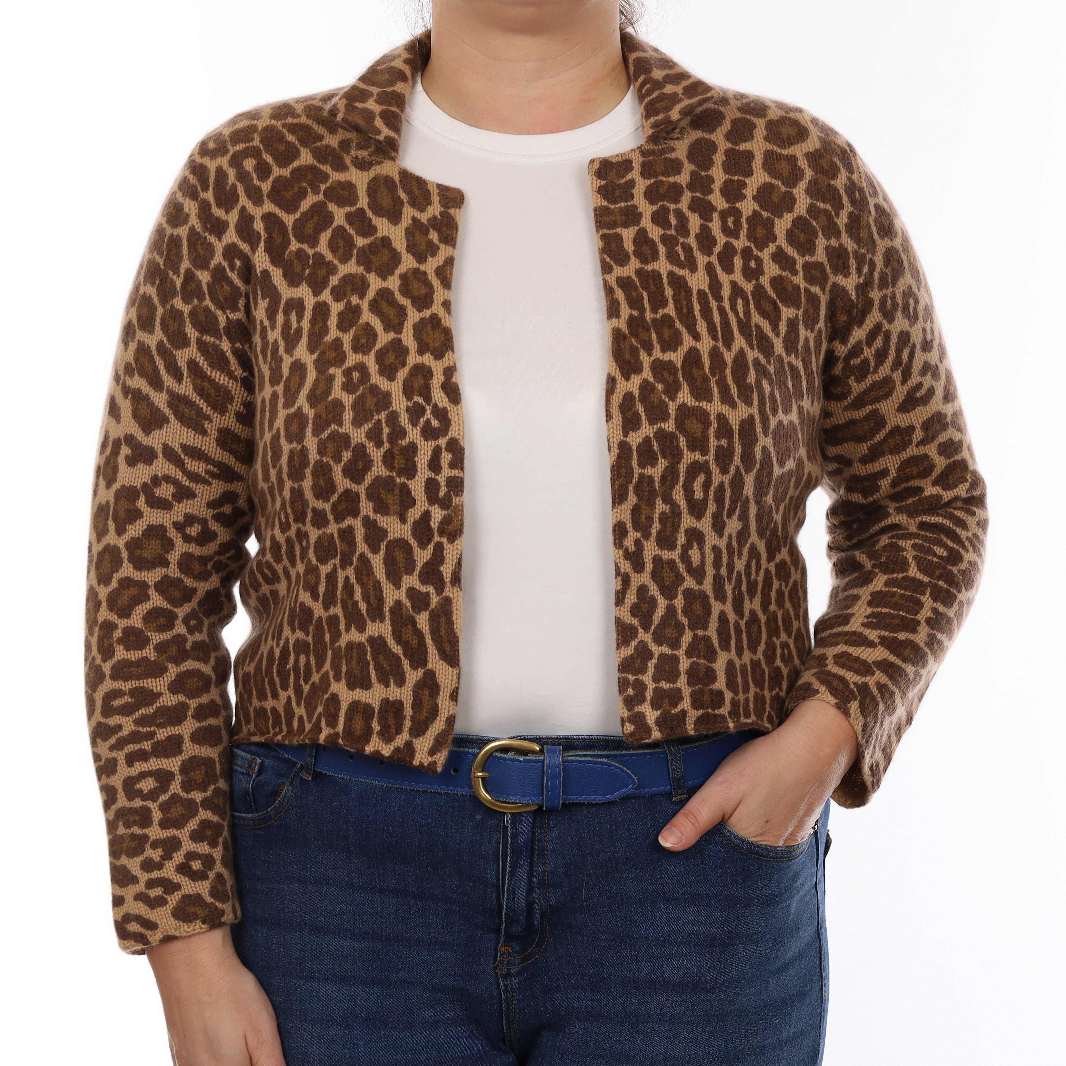 Brown Leopard Print Cashmere Chunky Knit Jacket with Collar Large