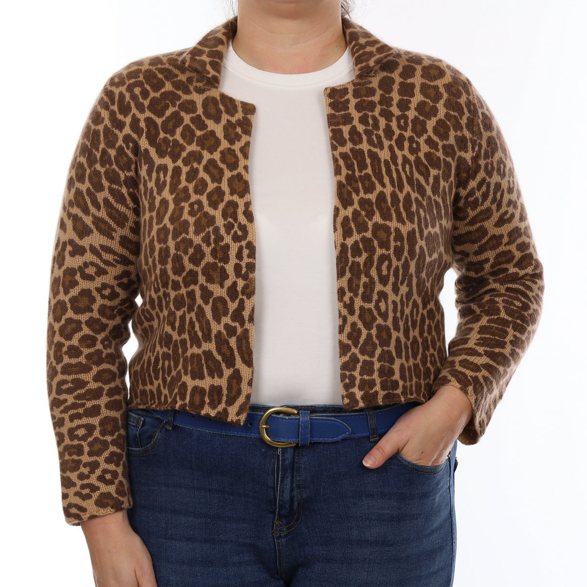 Brown Leopard Print Cashmere Chunky Knit Jacket with Collar Large