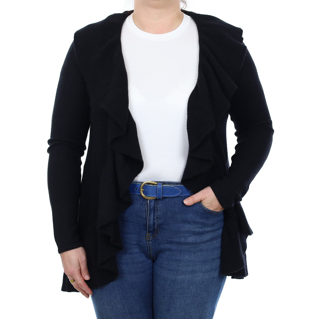 Black Cashmere Ruffle Edge to Edge Cardigan Large