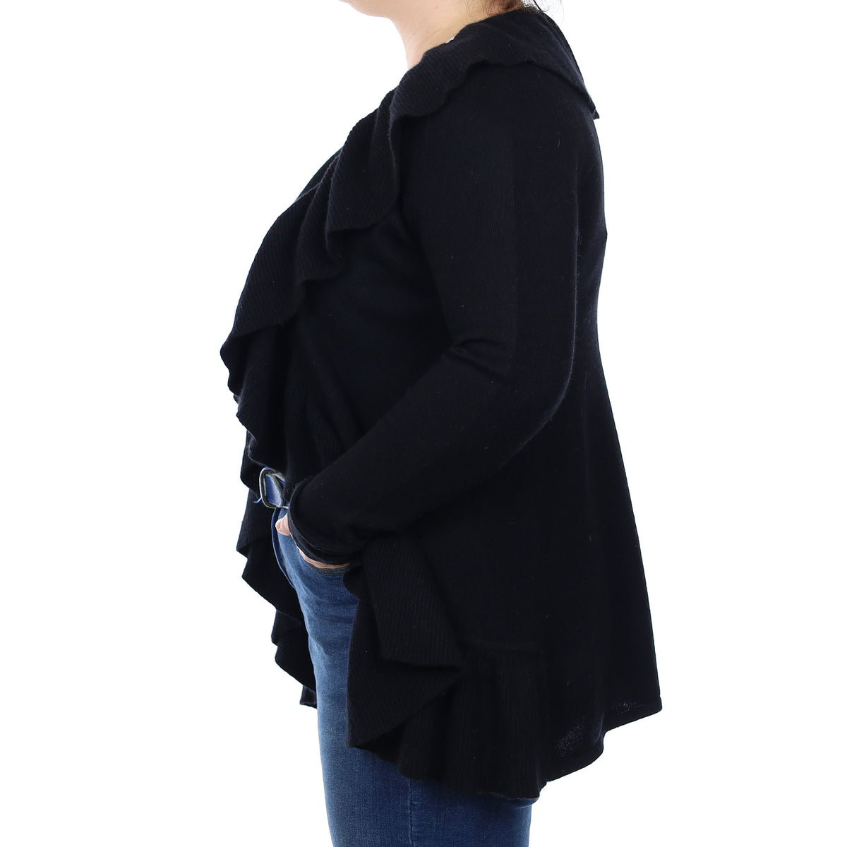 Black Cashmere Ruffle Edge to Edge Cardigan Large