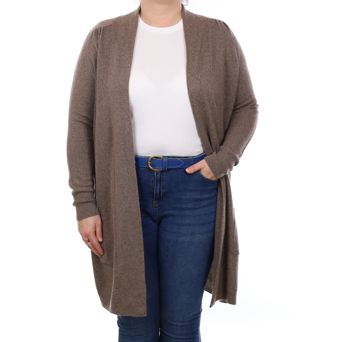 Mink Brown Cashmere Longline Edge to Edge Cardigan with Pockets Large