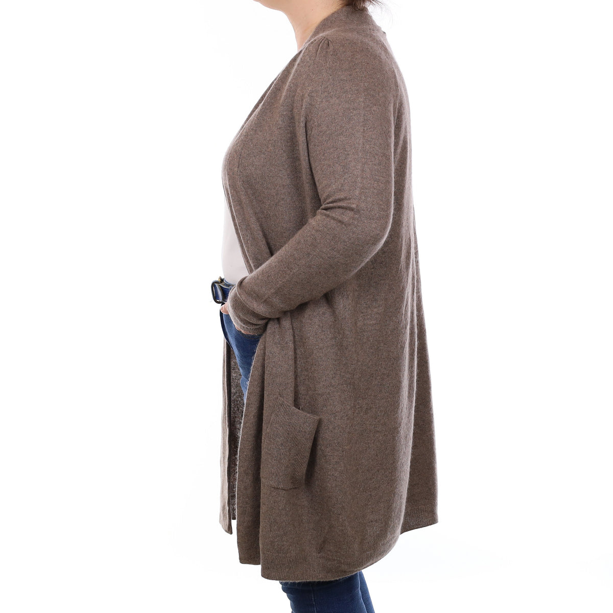 Mink Brown Cashmere Longline Edge to Edge Cardigan with Pockets Large