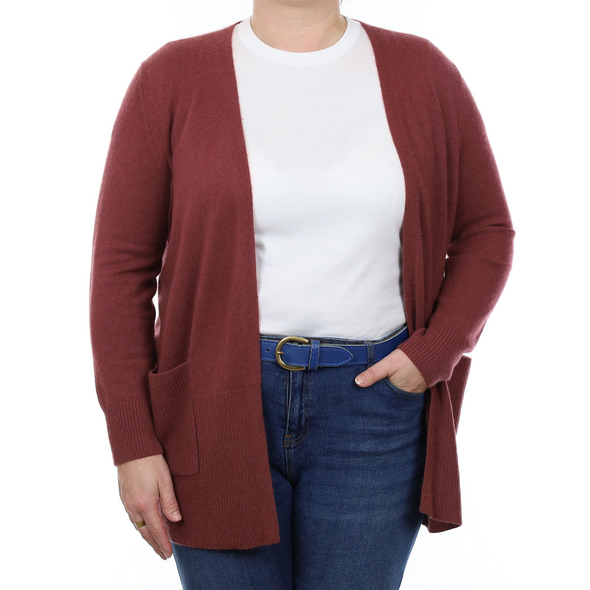Brick Pink Cashmere Edge to Edge Cardigan with Pockets Large