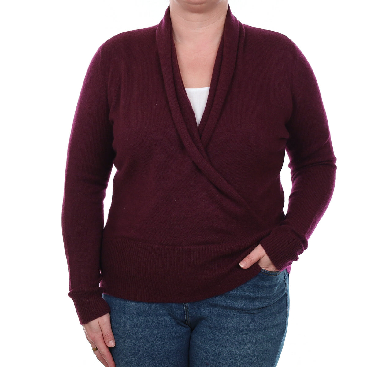 Mulberry Purple Cashmere Cross Over Shawl Collar Jumper Large