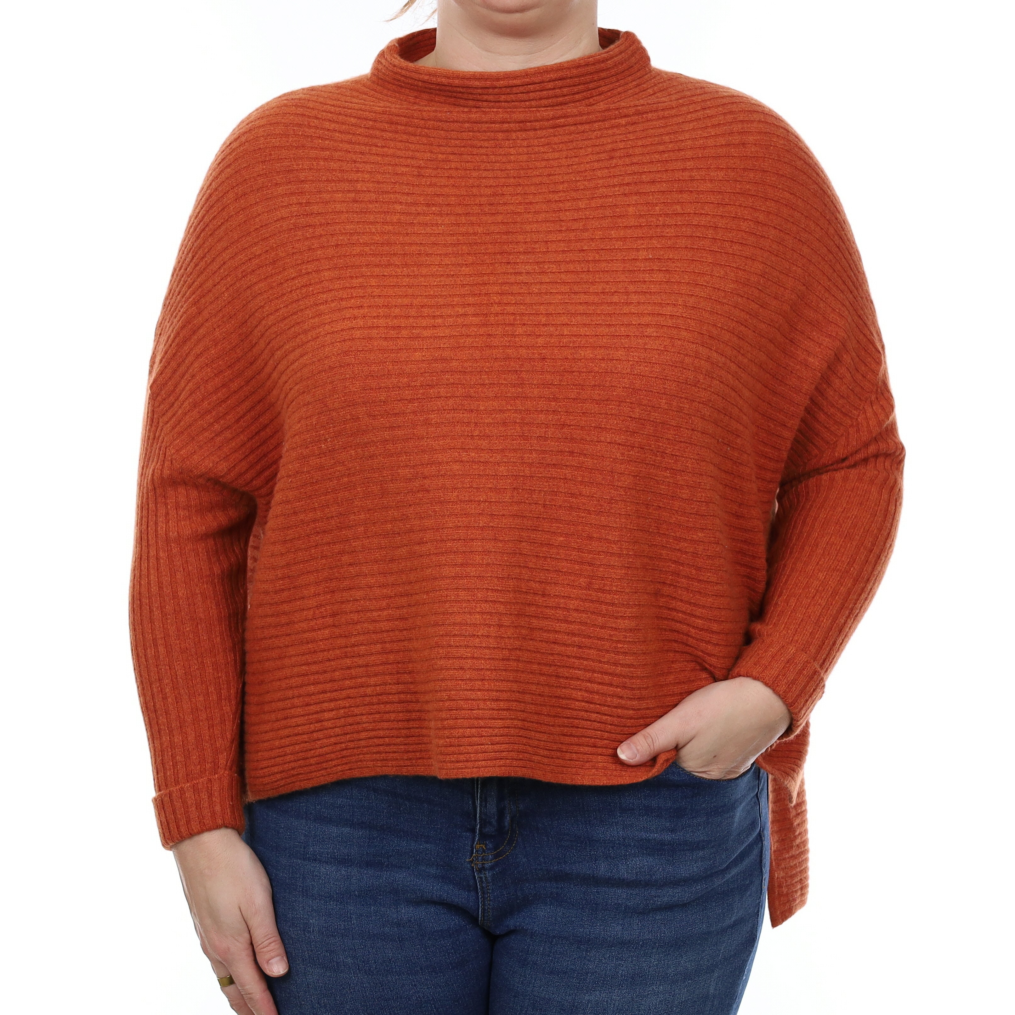 Burnt Orange Rib Cashmere Boxy Funnel Neck Jumper Large