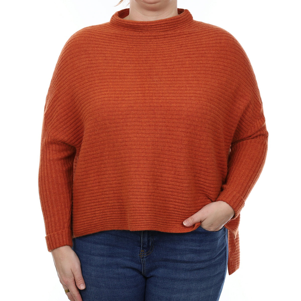 Burnt Orange Rib Cashmere Boxy Funnel Neck Jumper Large