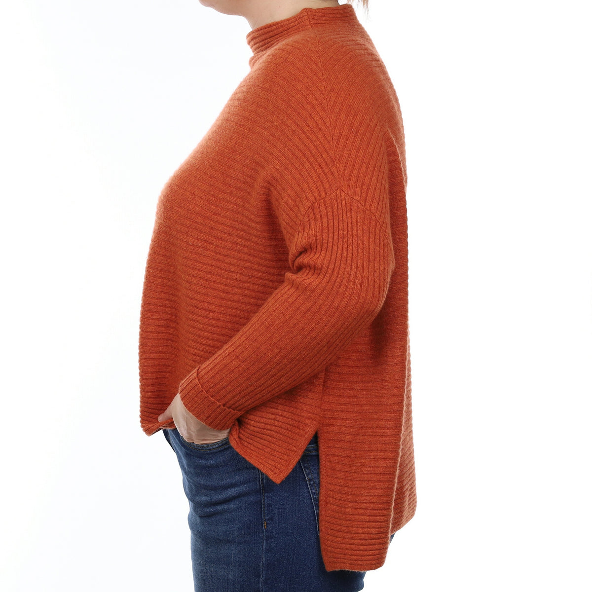Burnt Orange Rib Cashmere Boxy Funnel Neck Jumper Large