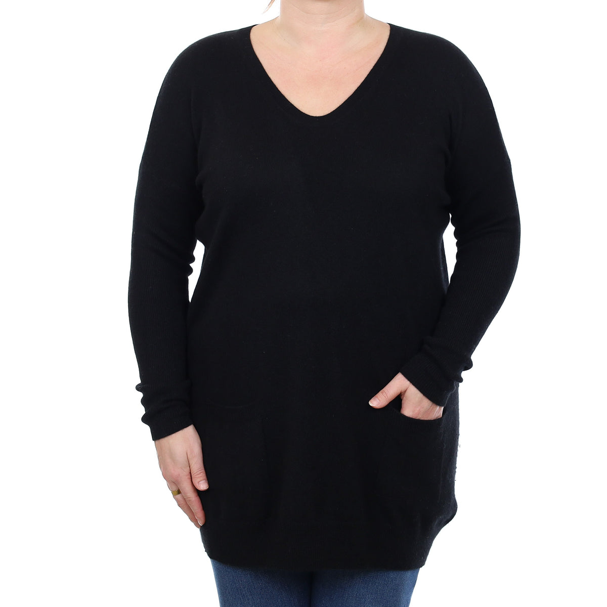 Black Cashmere V Neck Tunic Jumper with Pockets Large