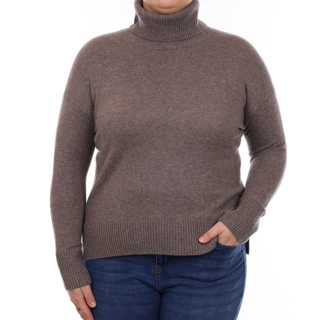 Mink Brown Cashmere Boxy Polo Neck Jumper Large