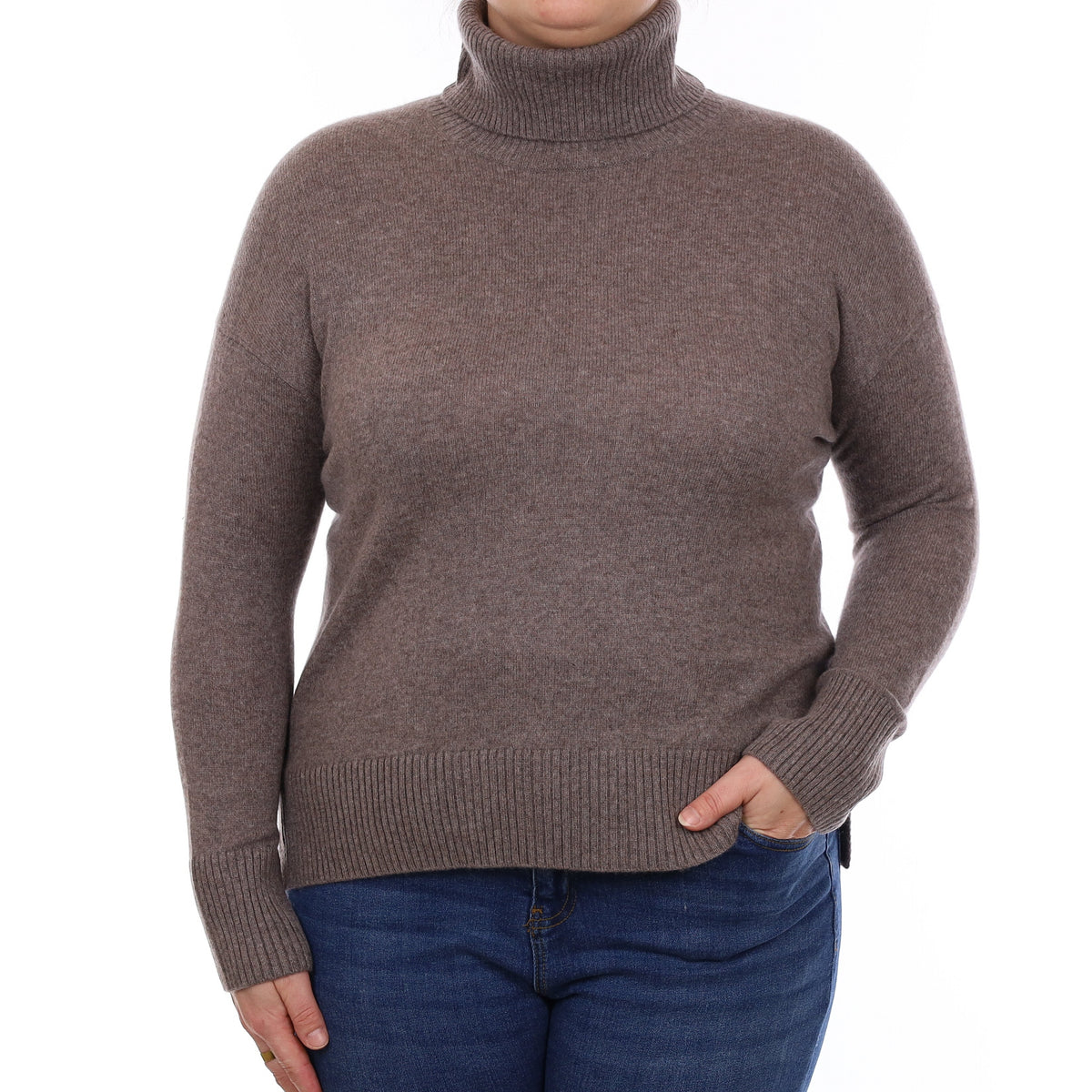 Mink Brown Cashmere Boxy Polo Neck Jumper Large
