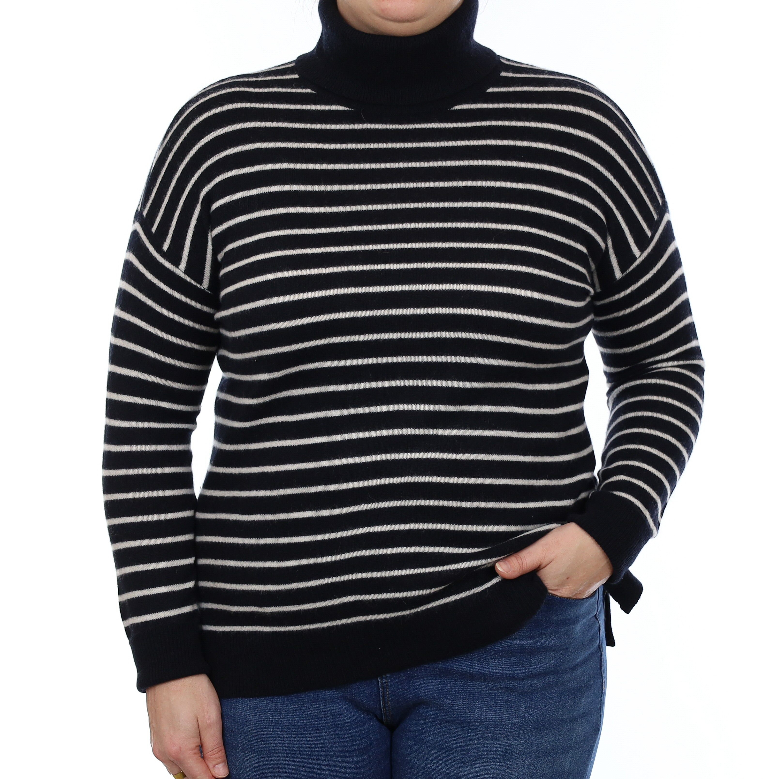 Black and Ivory Stripe Cashmere Polo Neck Jumper Large