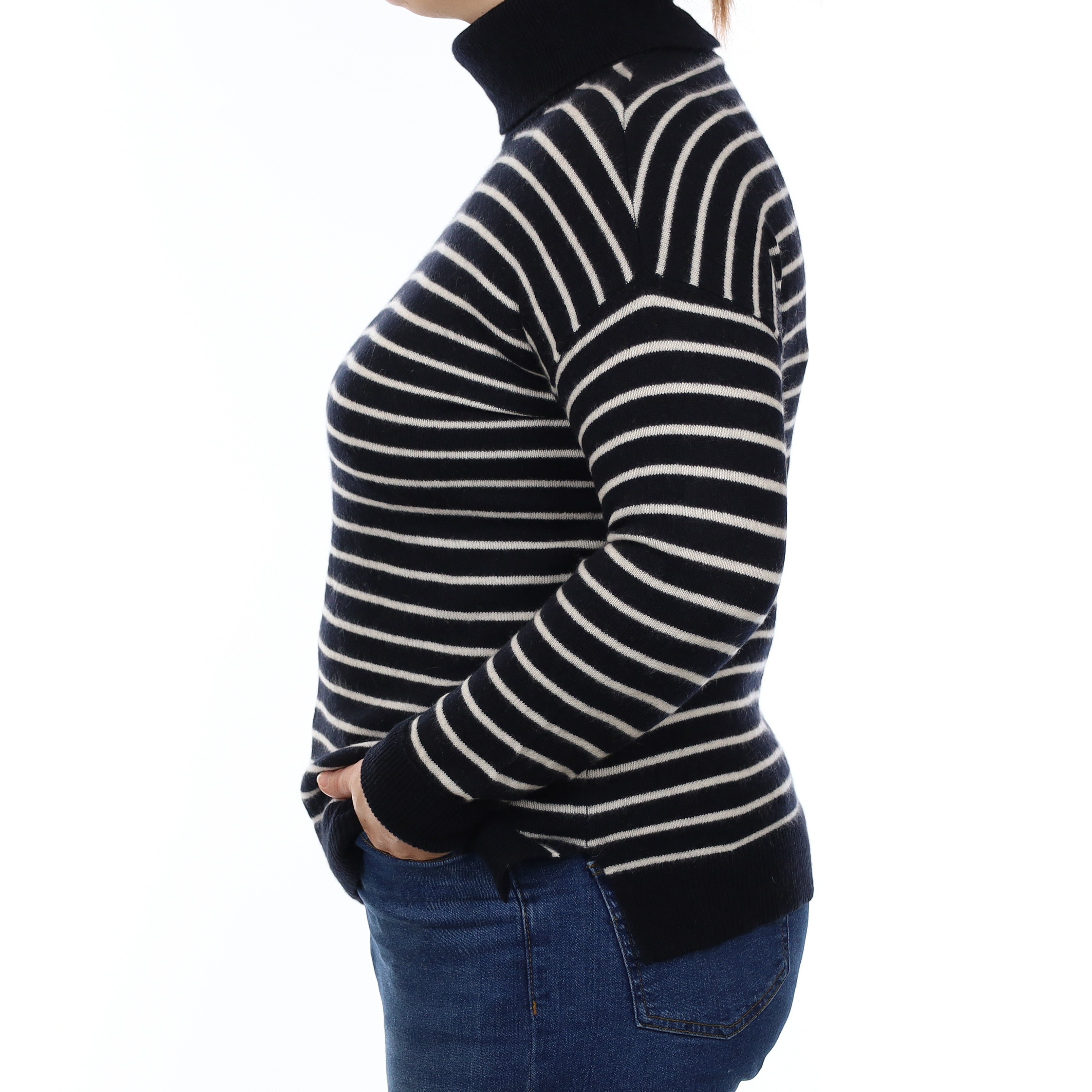 Black and Ivory Stripe Cashmere Polo Neck Jumper Large
