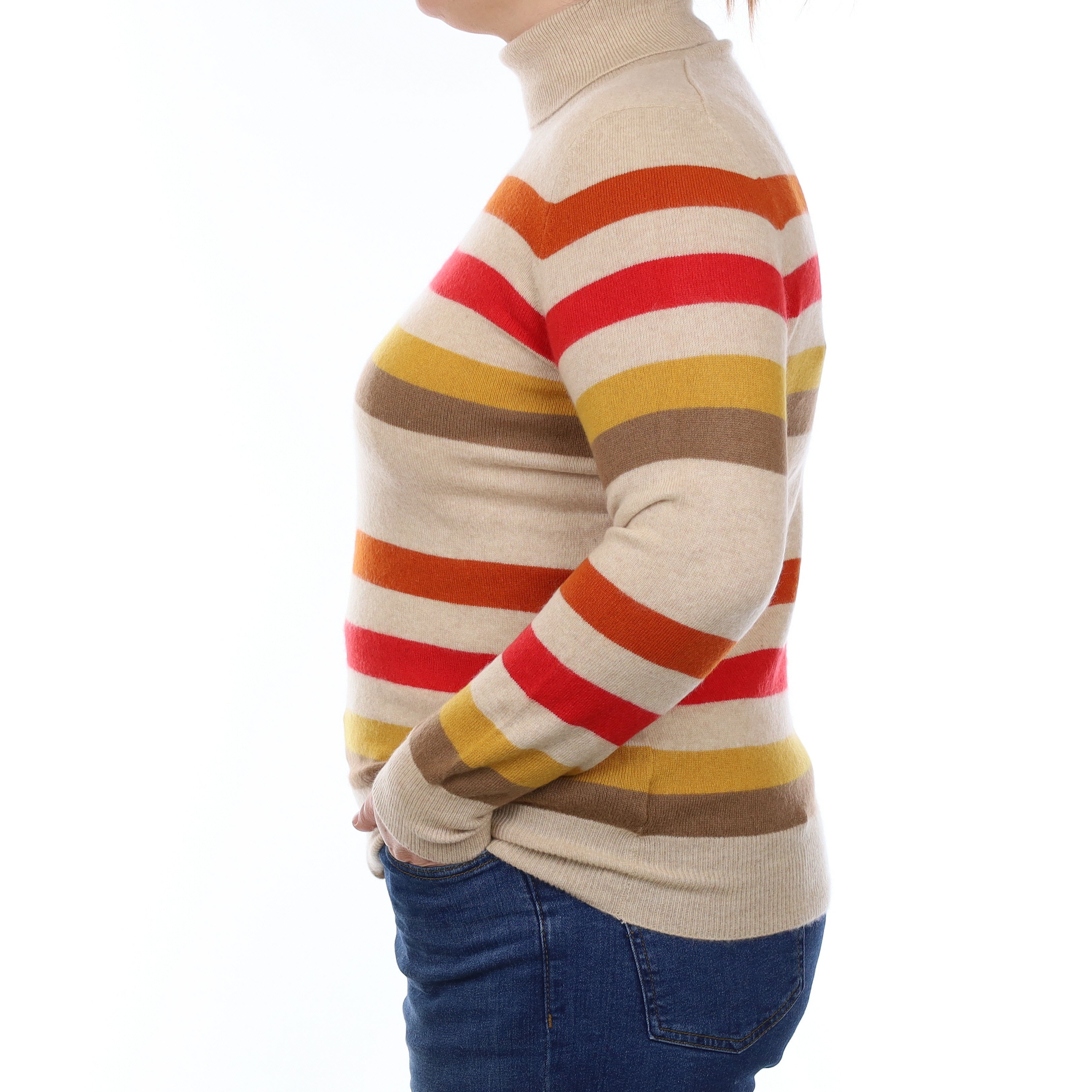 Oatmeal and Amber Striped Cashmere Polo Neck Jumper Large