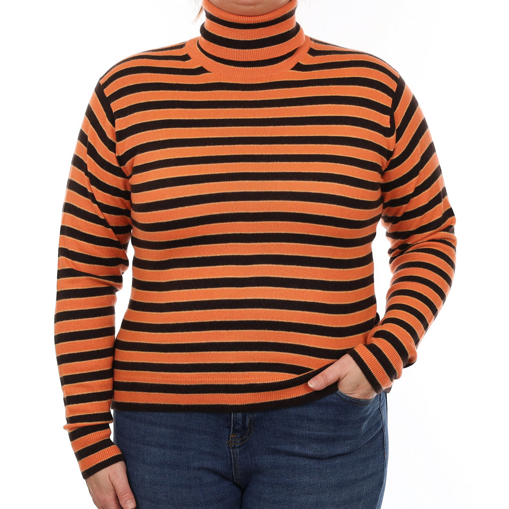Orange and Dark Chocolate Striped Cashmere Polo Neck Jumper Large