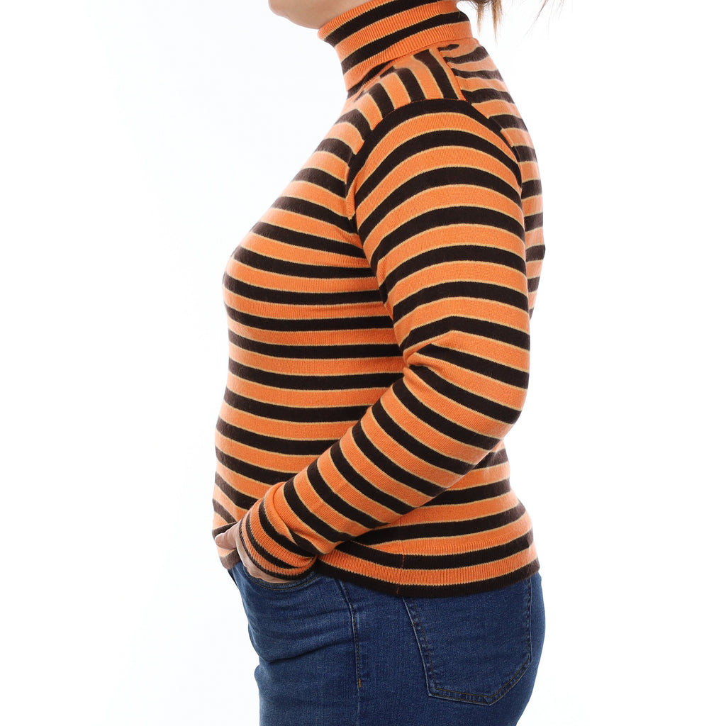 Orange and Dark Chocolate Striped Cashmere Polo Neck Jumper Large