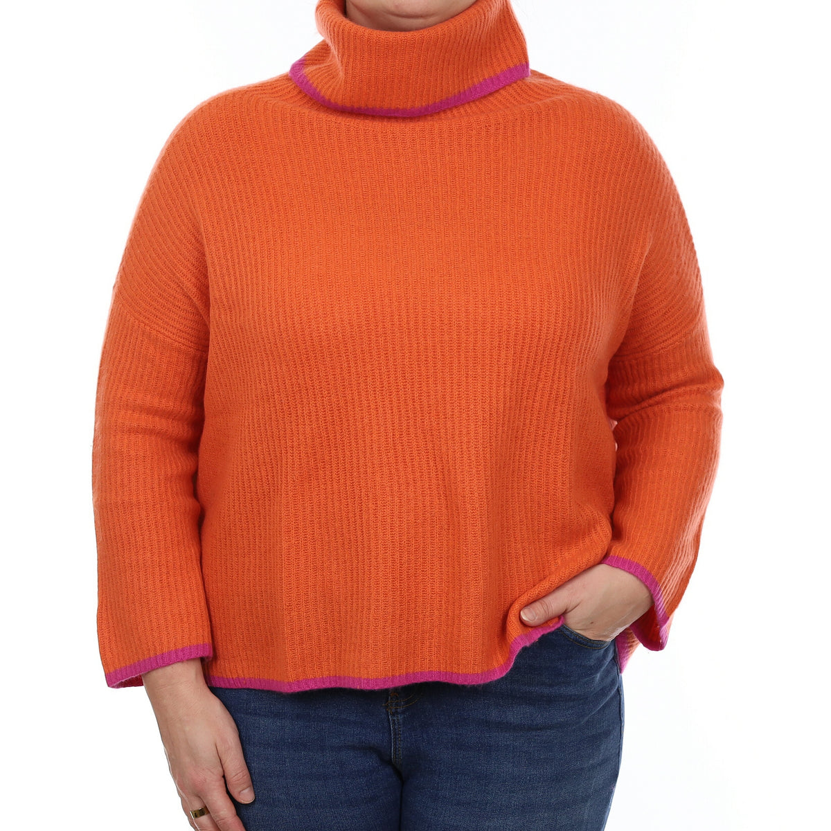Tangerine Orange Heavy Rib Knit Cashmere Boxy Polo Neck Jumper Large