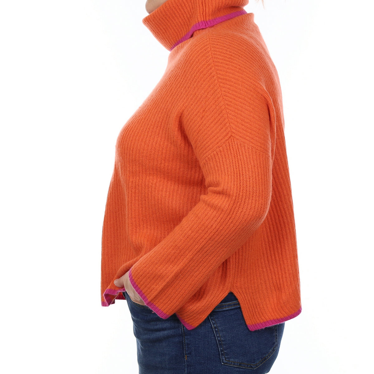 Tangerine Orange Heavy Rib Knit Cashmere Boxy Polo Neck Jumper Large