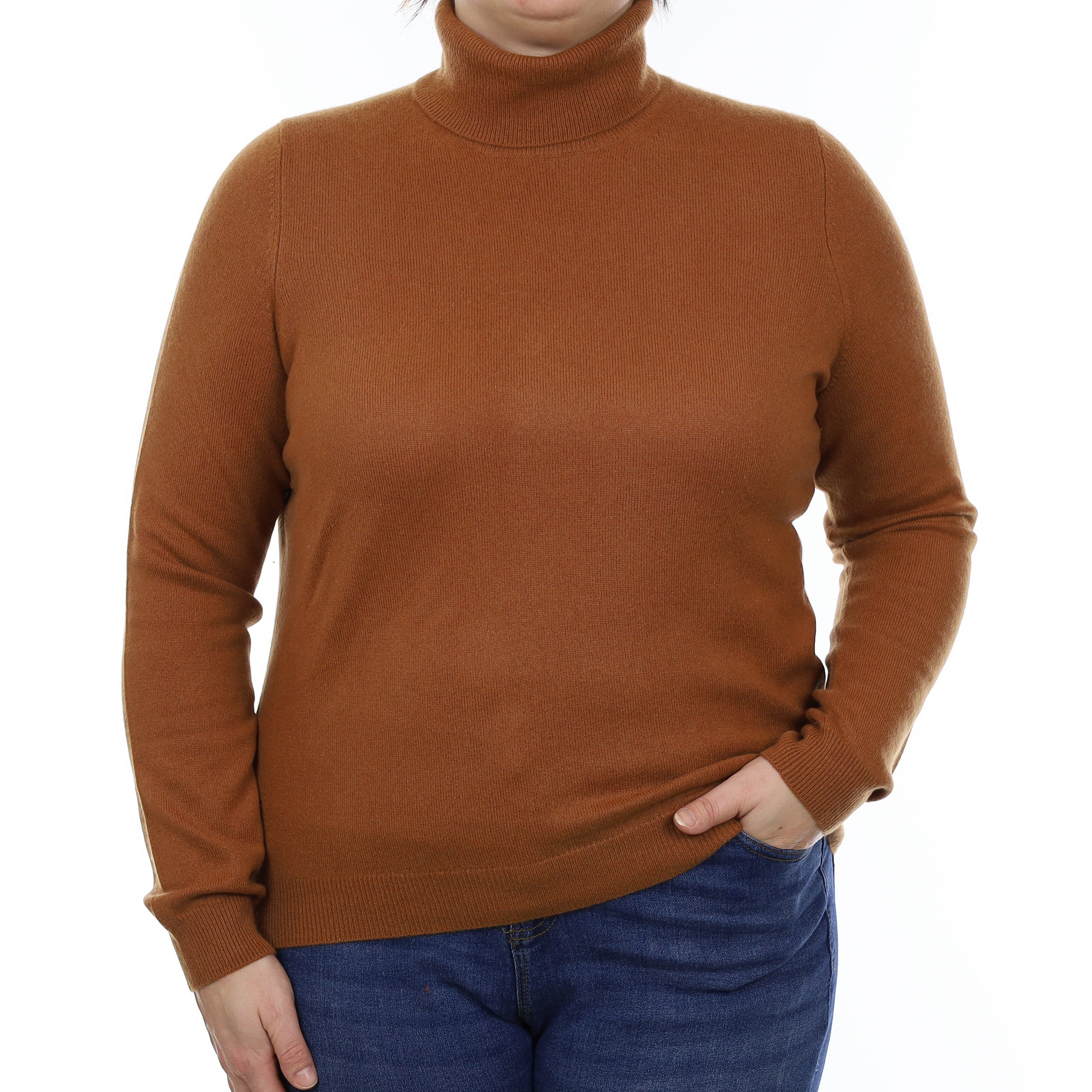 Rust Brown Cashmere Polo Neck Jumper Large