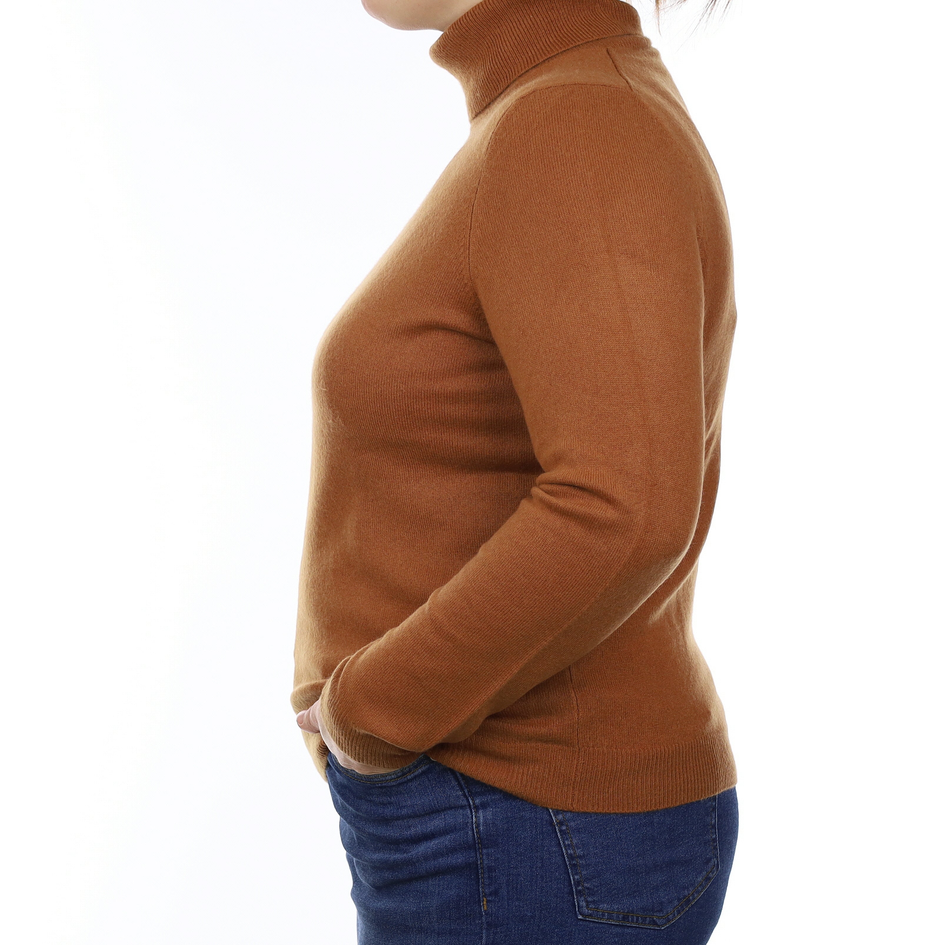 Rust Brown Cashmere Polo Neck Jumper Large