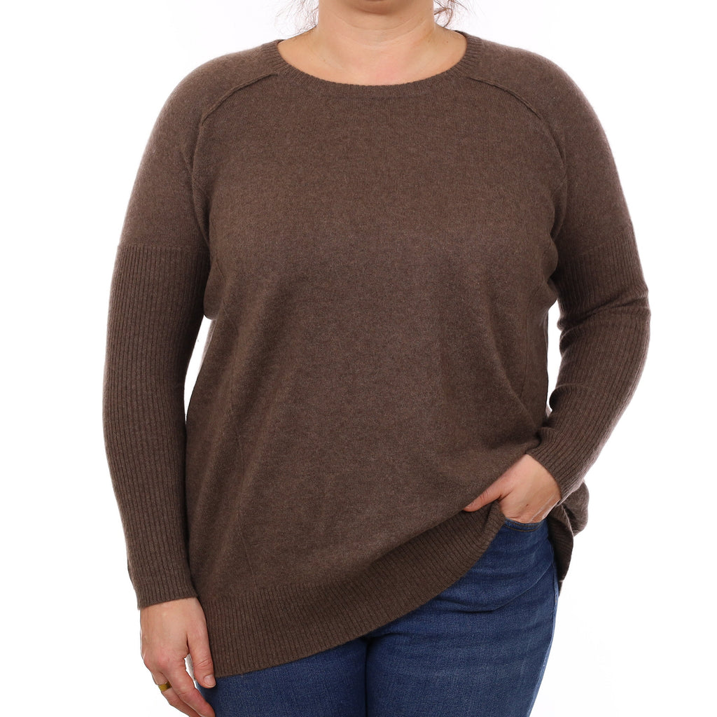 Mocha Brown Cashmere Rib Sleeve Crew Neck Jumper Large