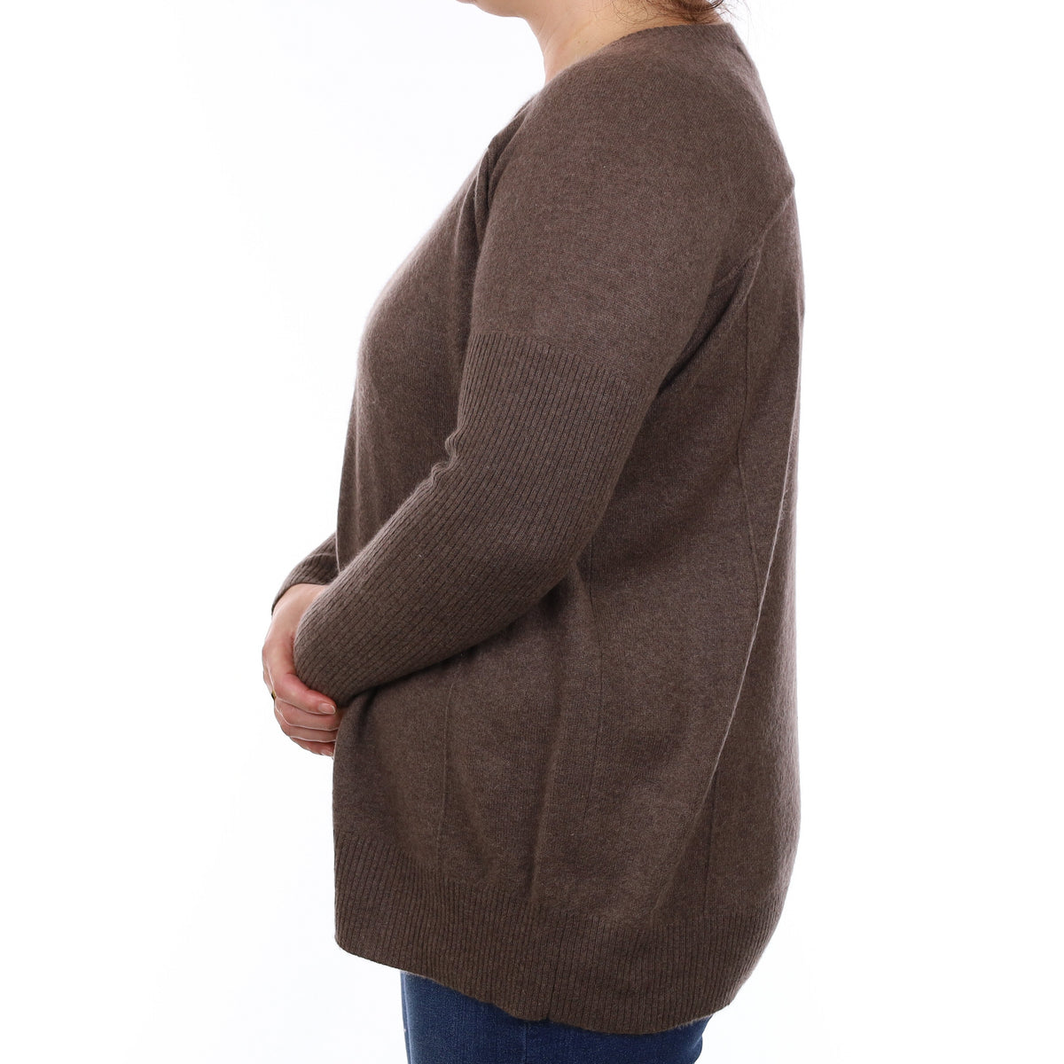 Mocha Brown Cashmere Rib Sleeve Crew Neck Jumper Large