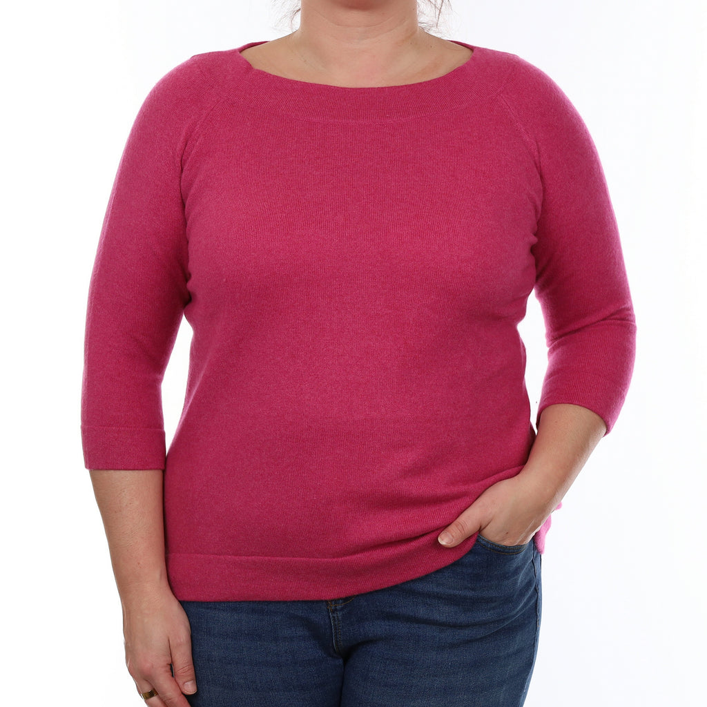 Raspberry Pink Cashmere 3/4 Sleeve Scoop Neck Jumper Large