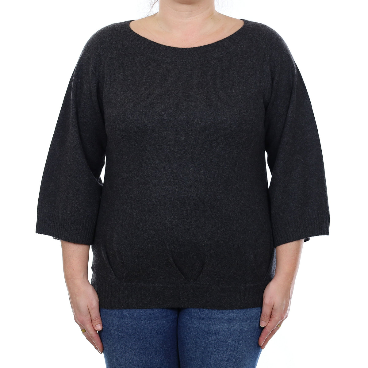 Charcoal Grey Cashmere Flared Sleeve Scoop Neck Jumper Large