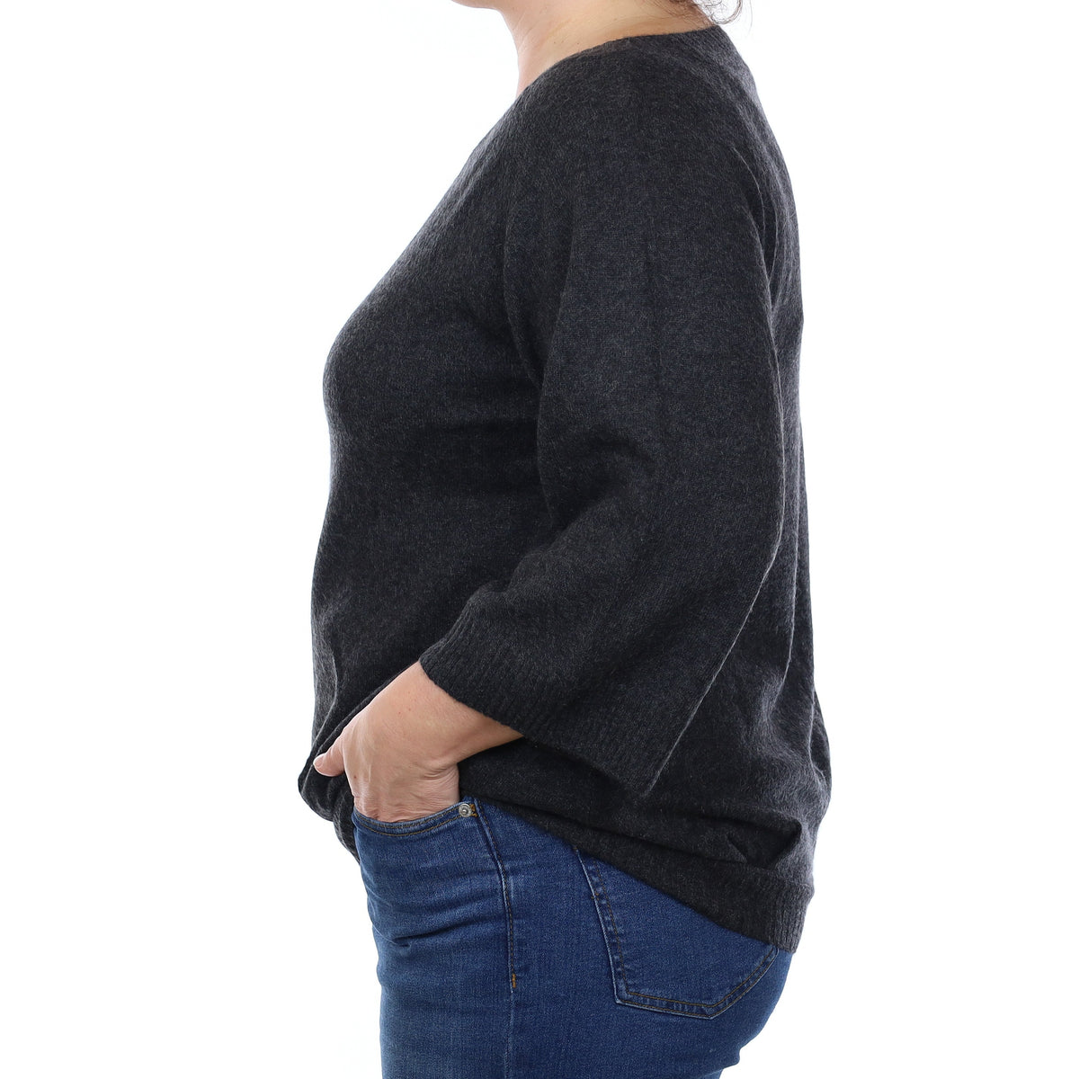 Charcoal Grey Cashmere Flared Sleeve Scoop Neck Jumper Large