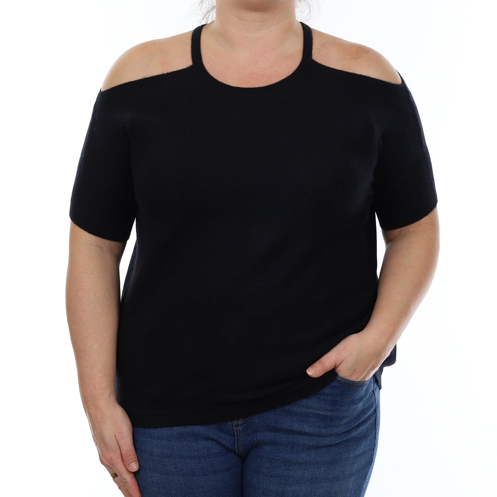 Black Cashmere Cold Shoulder Crew Neck Top Large