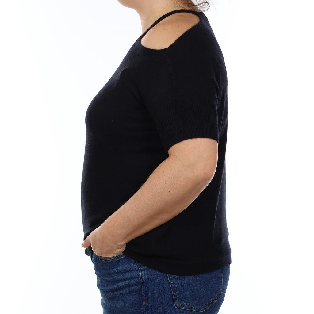 Black Cashmere Cold Shoulder Crew Neck Top Large