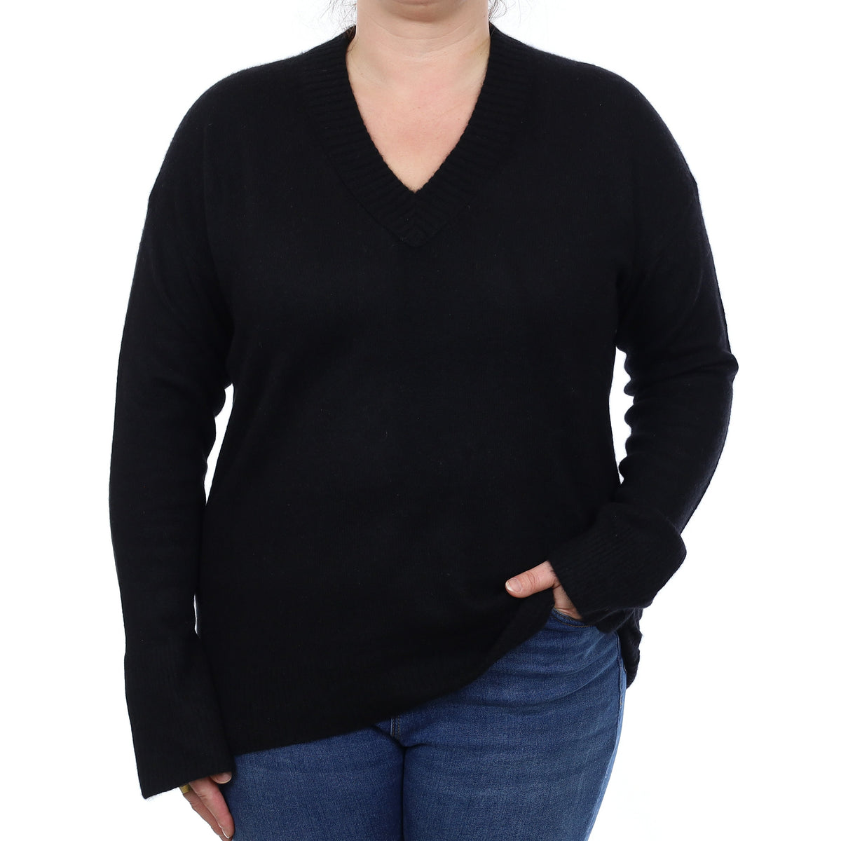 Jigsaw Black Cashmere Boxy V Neck Jumper Large