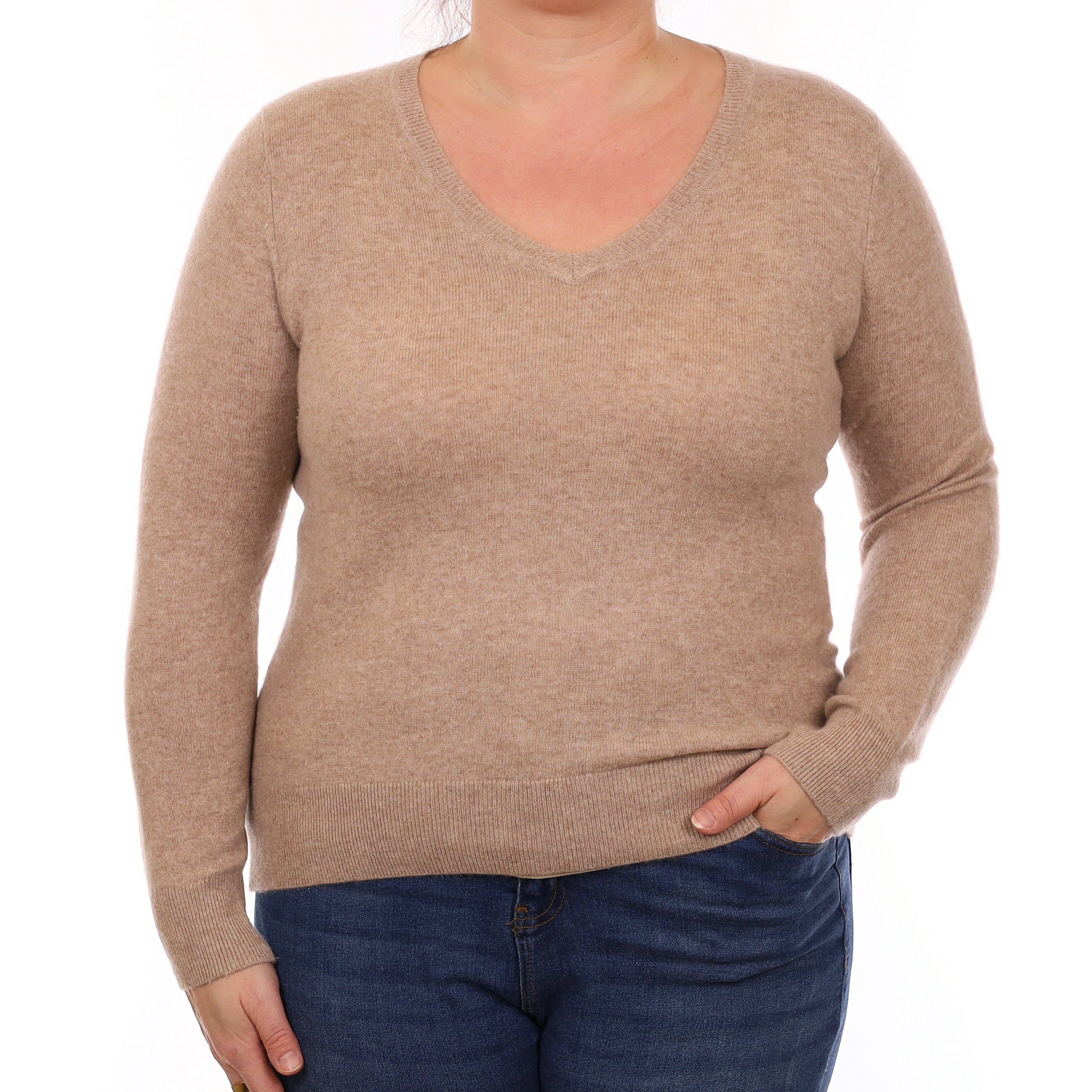 Fawn Brown Cashmere V Neck Jumper Large