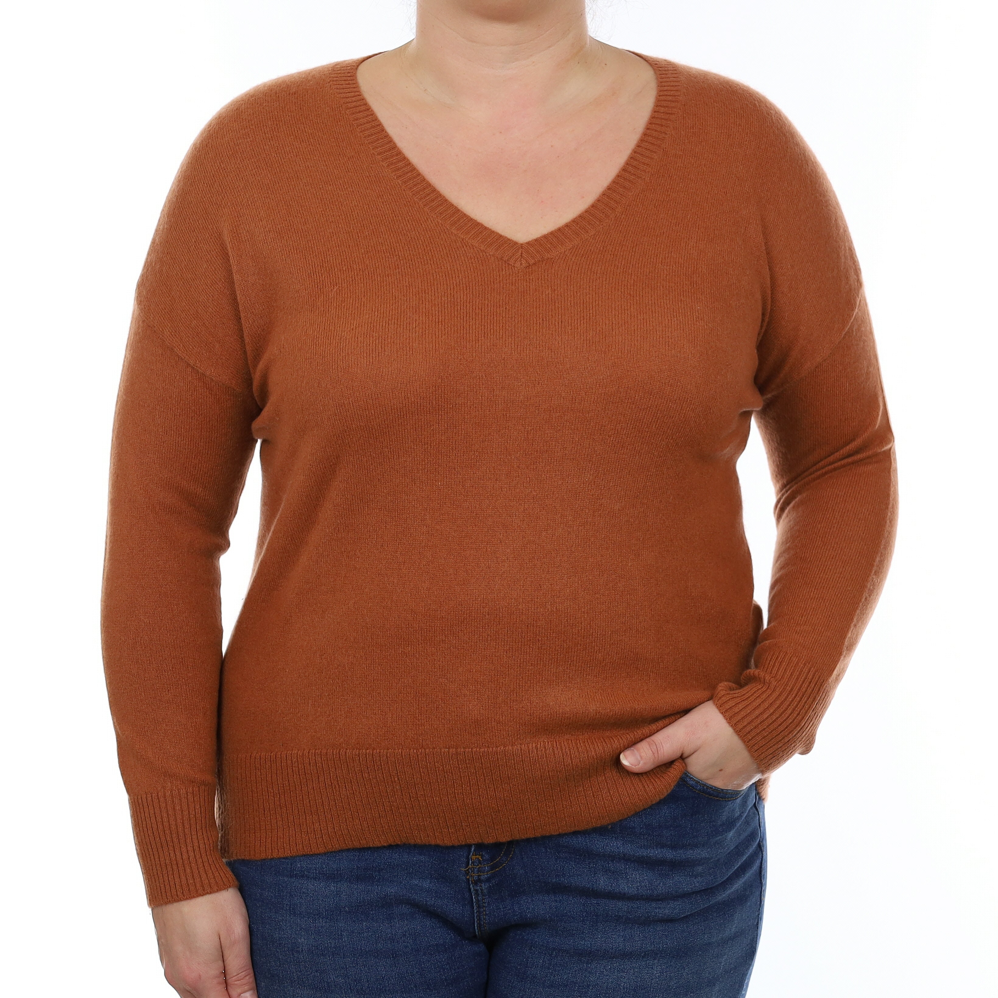 Rust Brown Cashmere V Neck Jumper Large