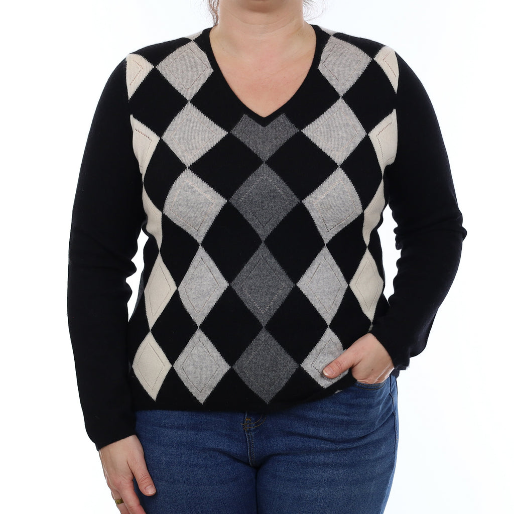 Black and Grey Diamond Cashmere V Neck Jumper Large